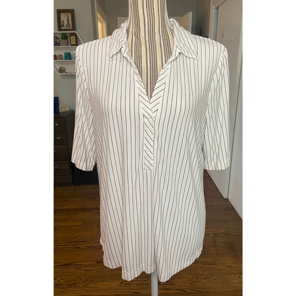 Modern Works ivory w/ black pin stripe polo style ladies short sleeve top